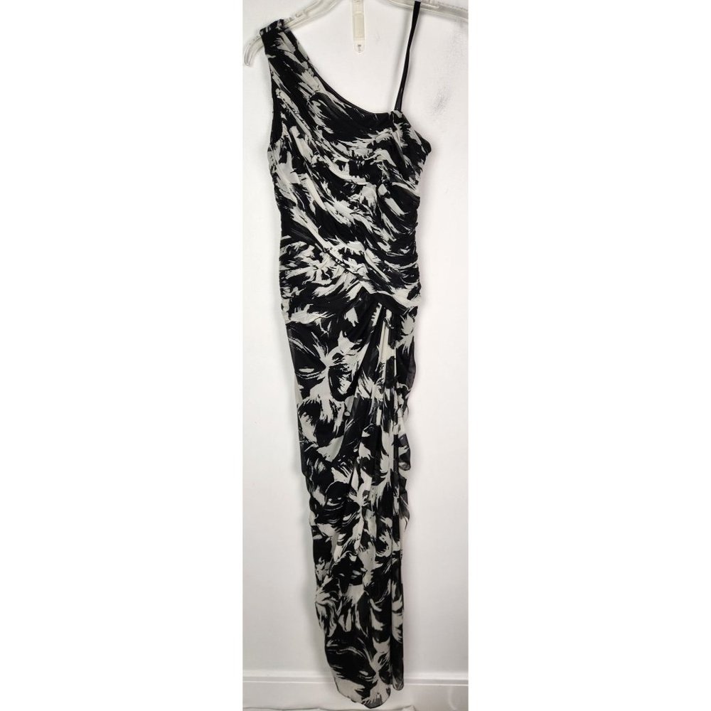 Adrianna Papell Women's Sz. 2 Black & White Print One Shoulder Ruched Gown